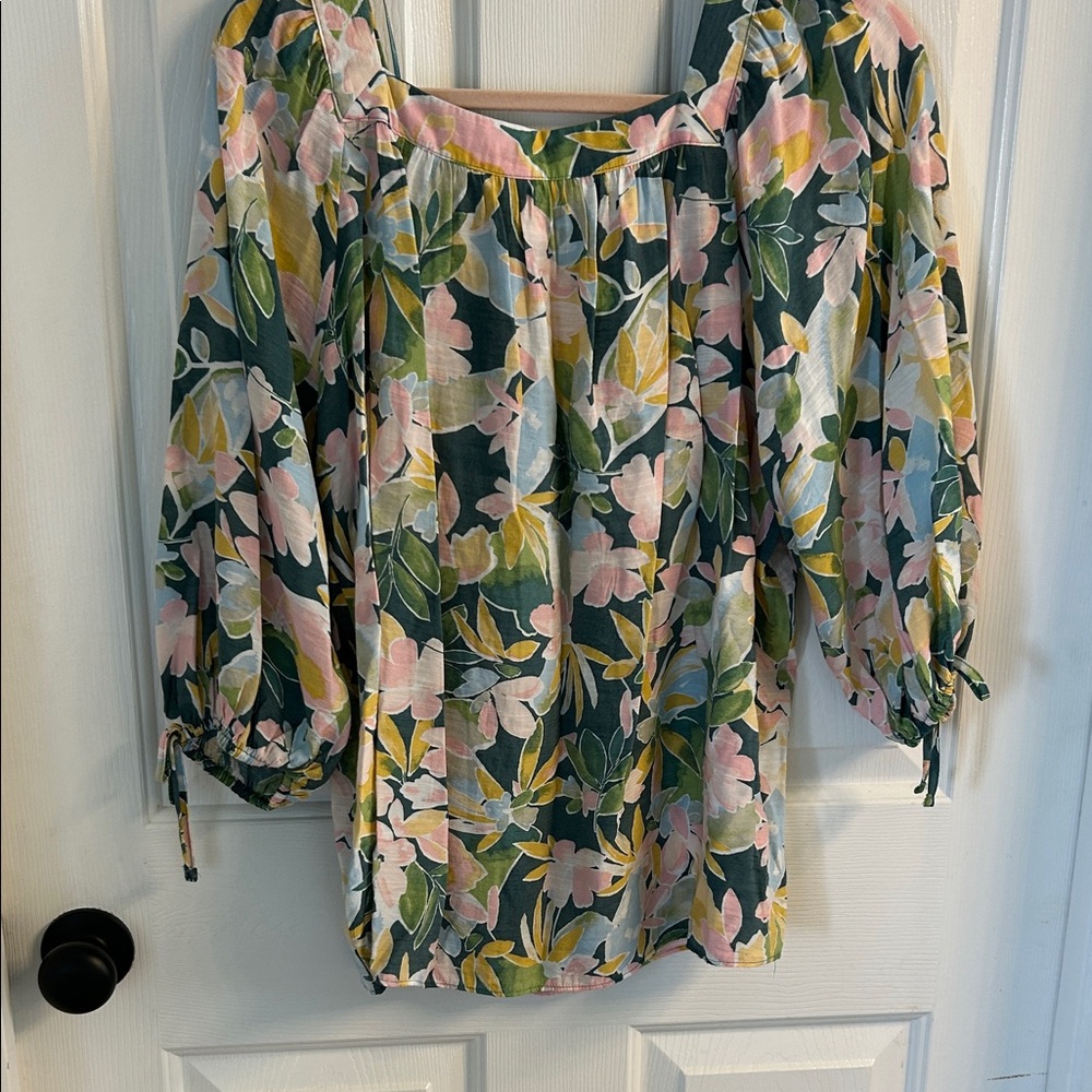 LC Lauren Conrad Multicolor Floral Blouse – Women’s Large, Square Neck & Tie Sle - Picture 6 of 6